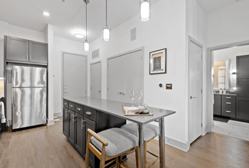 Elegant Kitchen with Stunning Cabinetry and Stainless Steel Appliances at Abstract at Design District in Dallas, 75207