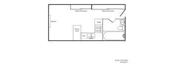 A floor plan of a studio apartment with a kitchen island and fridge.