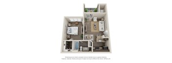A 3D floor plan of a small apartment with a kitchen, living room, and bedroom.