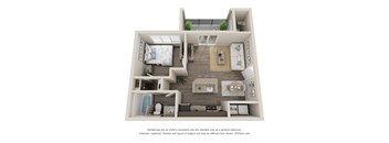 A 3D floor plan of a house with a kitchen, living room, and bedrooms.