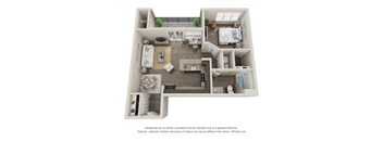 A 3D floor plan of a house with a kitchen, living room, and bedrooms.