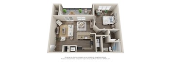 A 3D floor plan of a house with a kitchen, living room, and bedrooms.