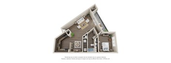 A 3D floor plan of a house with a kitchen, living room, and two bedrooms.