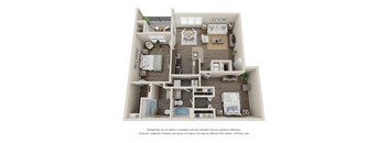 A 3D floor plan of a house with a kitchen, living room, and bedrooms.