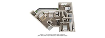 A 3D floor plan of a house with labeled rooms.