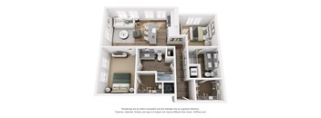 A 3D floor plan of a house with a living room, kitchen, and bathroom.