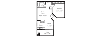 a floor plan of a studio apartment with a bedroom and a living room