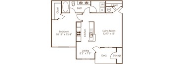 A floor plan of a small apartment with a bedroom, living room, kitchen, and storage.