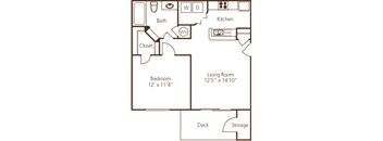 A floor plan of a small apartment with a bedroom, living room, kitchen, and bathroom.