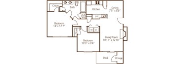 A floor plan of a home with a living room, two bedrooms, a kitchen, a dining room, a bathroom, a closet, a deck, and storage.