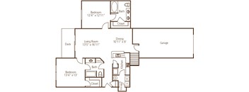 A floor plan of a house with a living room, two bedrooms, a dining room, a kitchen, a bath, a deck, and a garage.