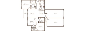 A floor plan of a house with two bedrooms, a living room, a dining room, a kitchen, a bathroom, a deck, a closet, and a storage area.
