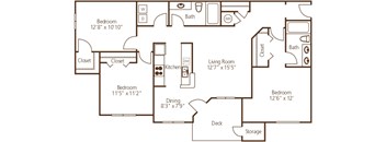 A floor plan of a house with a living room, two bedrooms, a kitchen, a bathroom, a closet, a dining area, a deck, and storage.