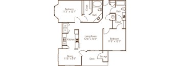 A floor plan of a house with a living room, two bedrooms, a kitchen, a dining room, a deck, and storage.