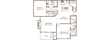 A floor plan of a small apartment with a living room, dining room, kitchen, and two bedrooms.