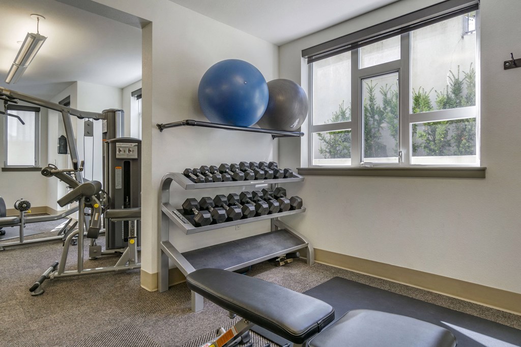 a fitness room with exercise equipment and windows  at 128 on State, Kirkland, Washington