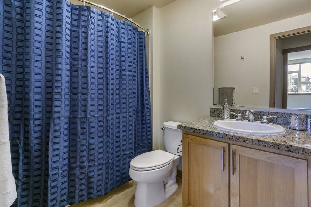 a bathroom with a blue shower curtain and a white toilet  at 128 on State, Kirkland, WA