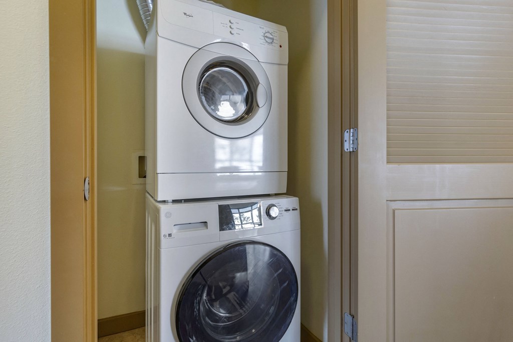 an efficient stacked washer and dryer un unit at 128 on State, Kirkland