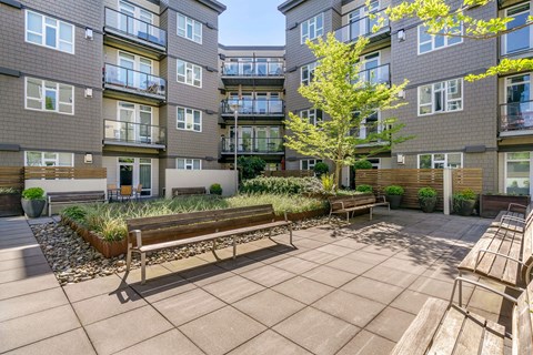 a courtyard with two benches and a tree in front of an apartment building at 128 on State, Washington, 98033