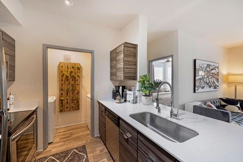 a kitchen with a sink and a door to a living room at Paisley and Pointe Apartments, Las Vegas, 89130