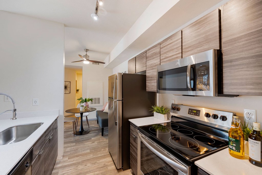 apartment kitchen with stainless steel appliances at Paisley and Pointe Apartments, Las Vegas