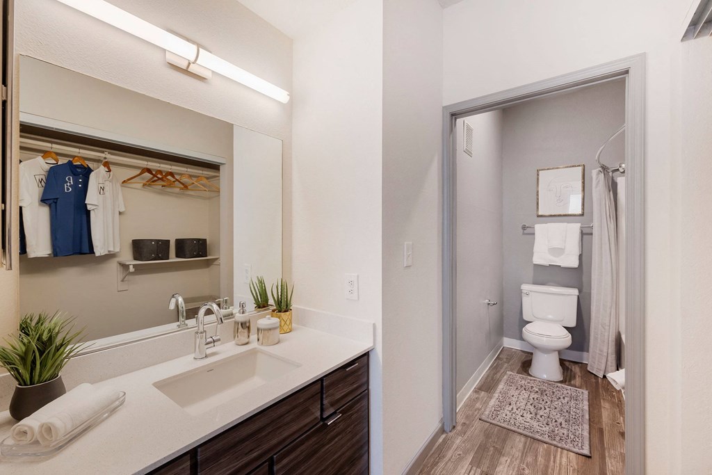 a bathroom with a mirror and a sink and a toilet at Paisley and Pointe Apartments, Las Vegas, NV