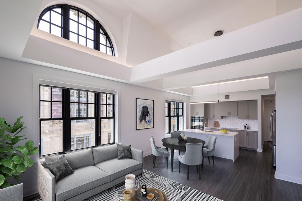 a rendering of a living room and kitchen in an apartment  at The Belden Stratford, Chicago, Illinois
