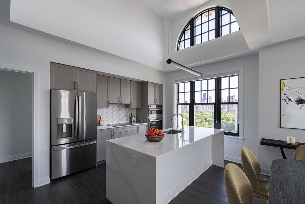 a kitchen with a large island and stainless steel appliances  at The Belden Stratford, Chicago, Illinois