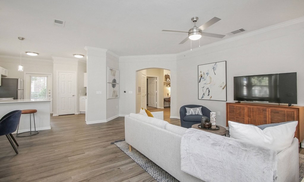 a living room with a couch and a tv at Sladestone Shadow Creek, Texas, 77584