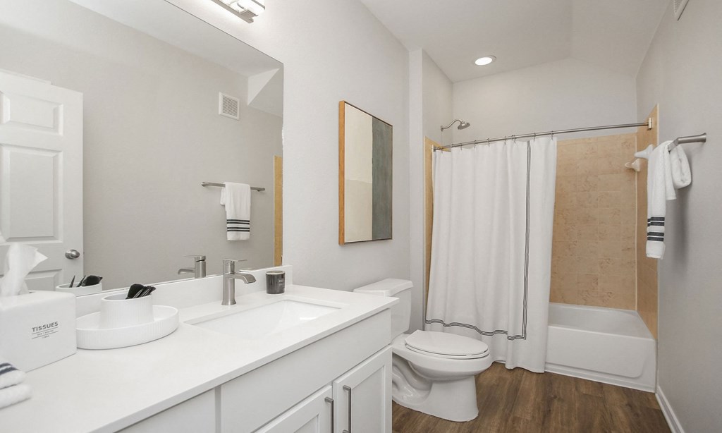 a bathroom with a sink and a toilet and a shower at Sladestone Shadow Creek, Texas, 77584