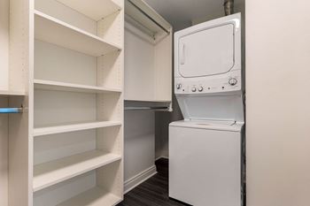 a walk in closet with a washer and dryer in it and a refrigerator  at The Belden Stratford, Chicago, 60614