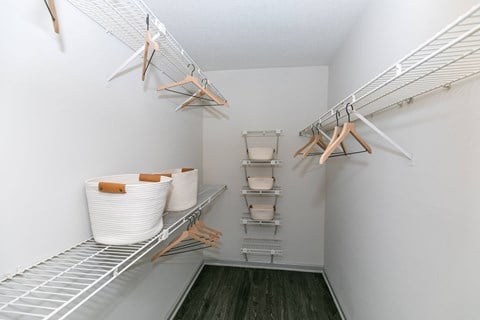 our spacious walk in closets are equipped with shelves and baskets for storage of laundry at Briarcliff Apartments, Georgia