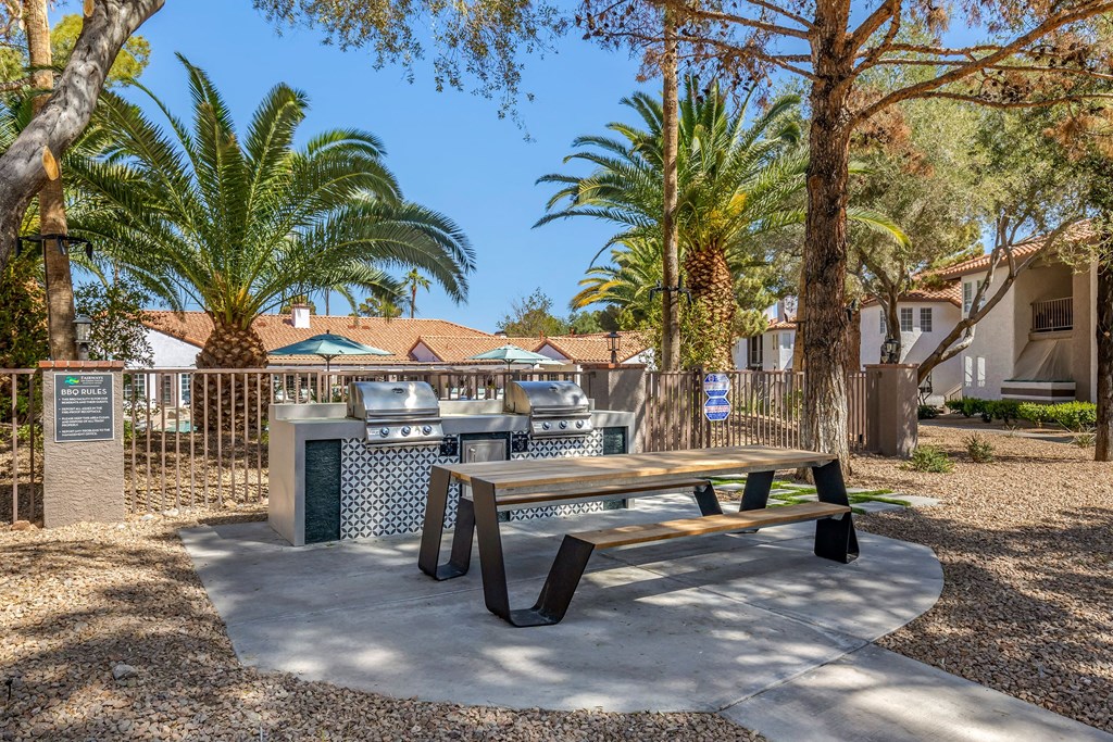 a picnic area with a picnic table and a grill