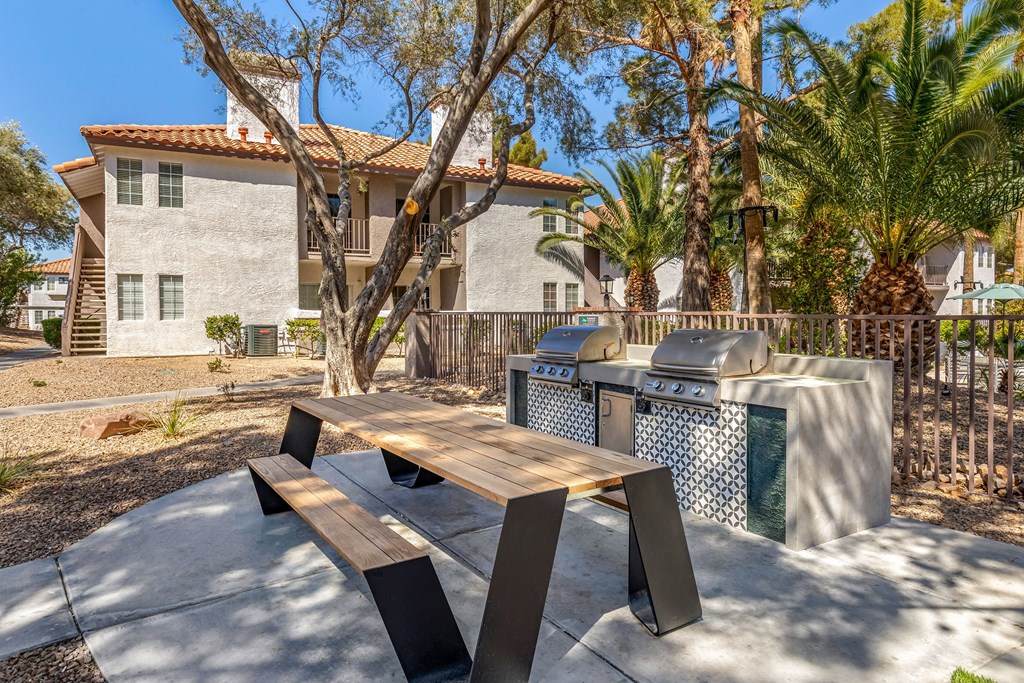 our picnic table and grill in our back yard with our house in the background