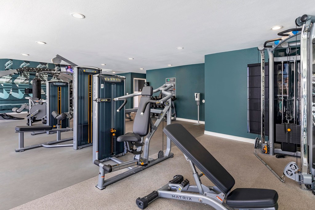 a gym with weights and cardio equipment in a room with green walls