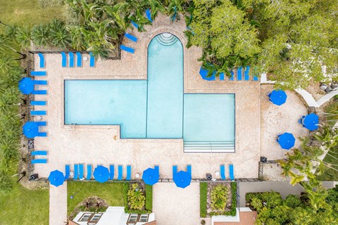 An aerial view of a pool surrounded by trees and blue umbrellas.