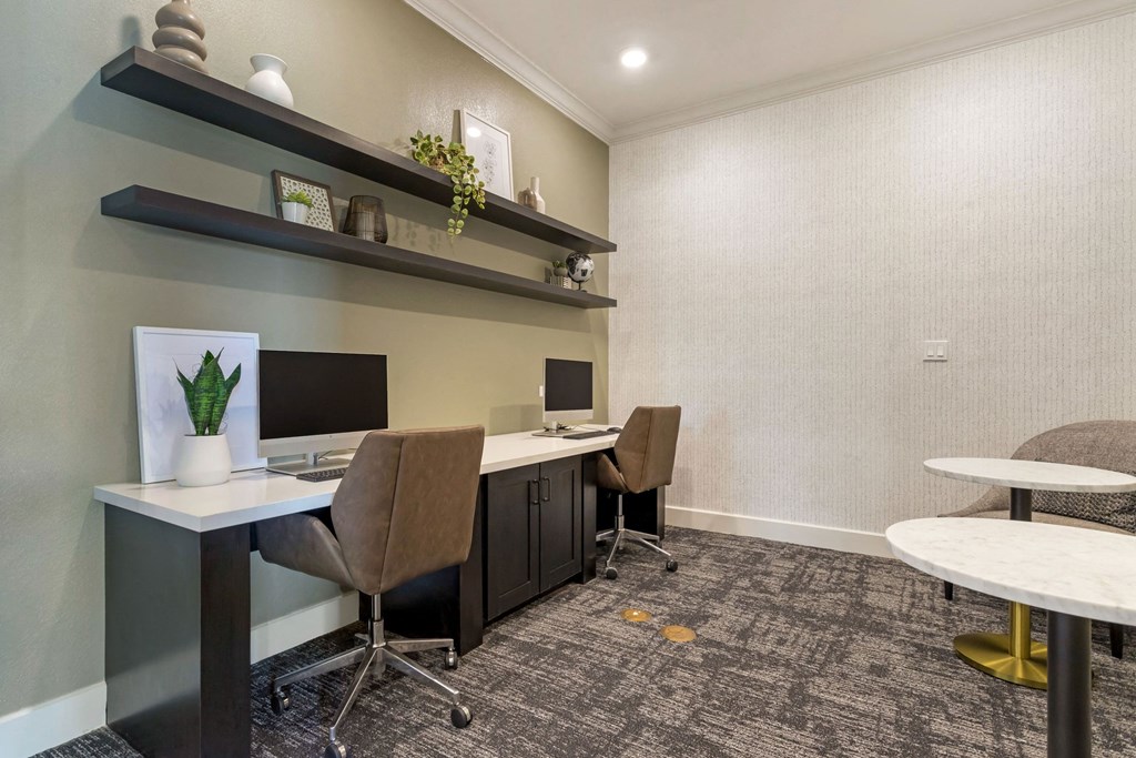 Resident Business Lounge with two desks and two computer monitors at Madison on the Meadow, Stafford, Texas