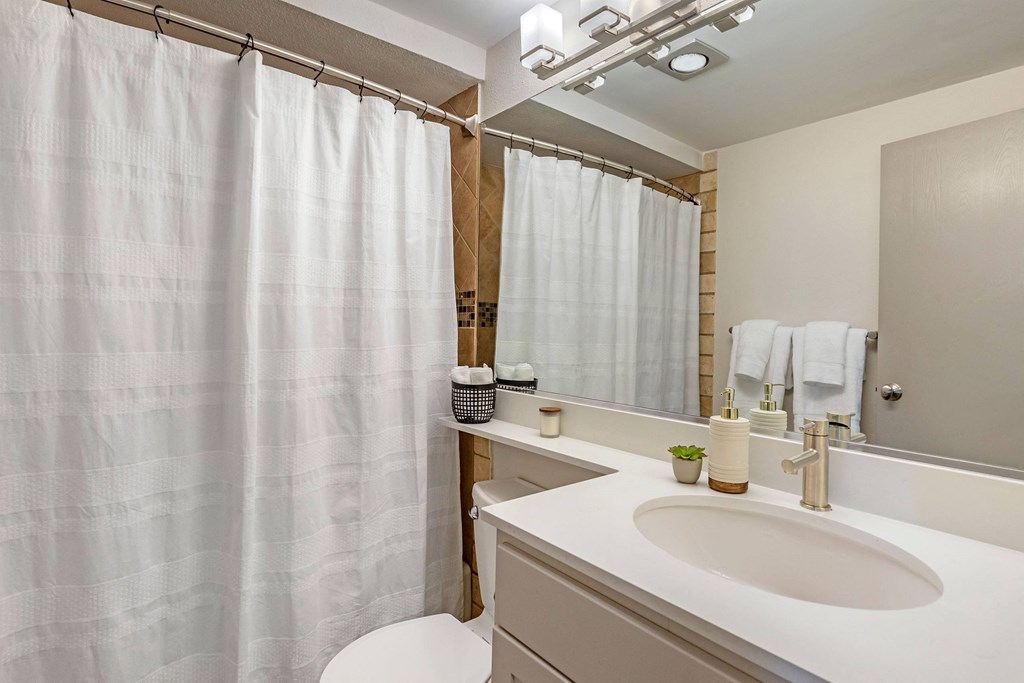a bathroom with a sink and a shower and a toilet at The Rays at Vegas Towers Apartments, Las Vegas, NV