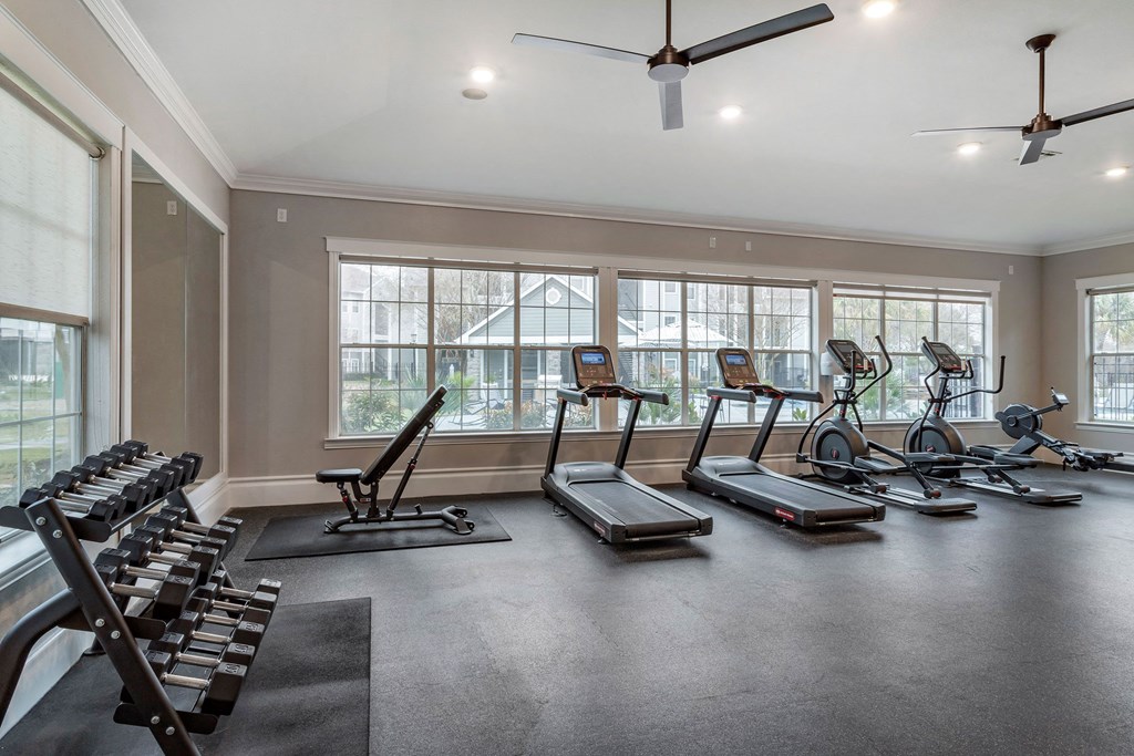 a gym with treadmills and other exercise equipment and windows at Reserve by the Lake, Houston, Texas