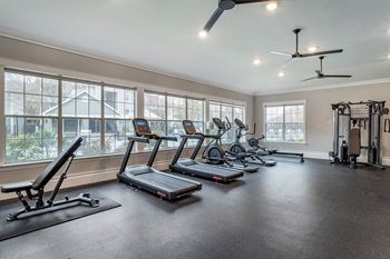 the gym has plenty of cardio equipment and windows at Reserve by the Lake, Texas