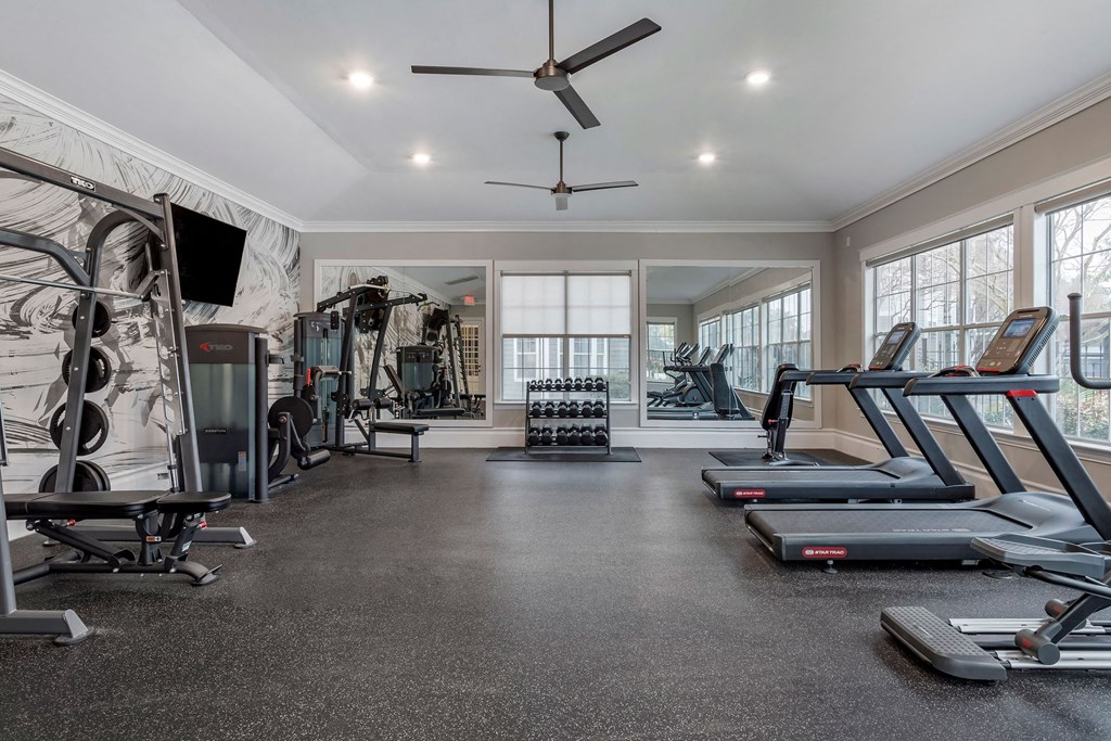the gym has treadmills and other exercise equipment and windows at Reserve by the Lake, Houston, Texas