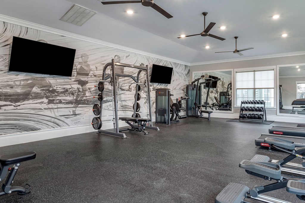 a gym with weights and a tv on the wall at Reserve by the Lake, Houston, Texas