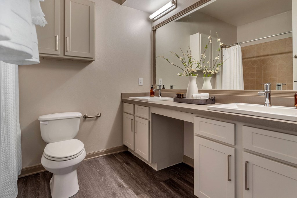 a bathroom with a toilet and a sink and a mirror at Reserve by the Lake, Houston