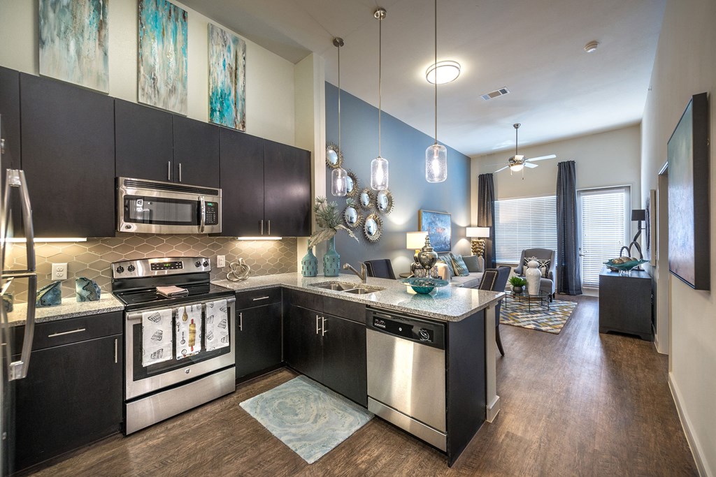 a kitchen with stainless steel appliances and a counter top at South Side Flats, Dallas, TX