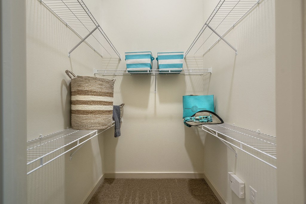 a spacious walk in closet with shelves and baskets at South Side Flats, Dallas, TX, 75215
