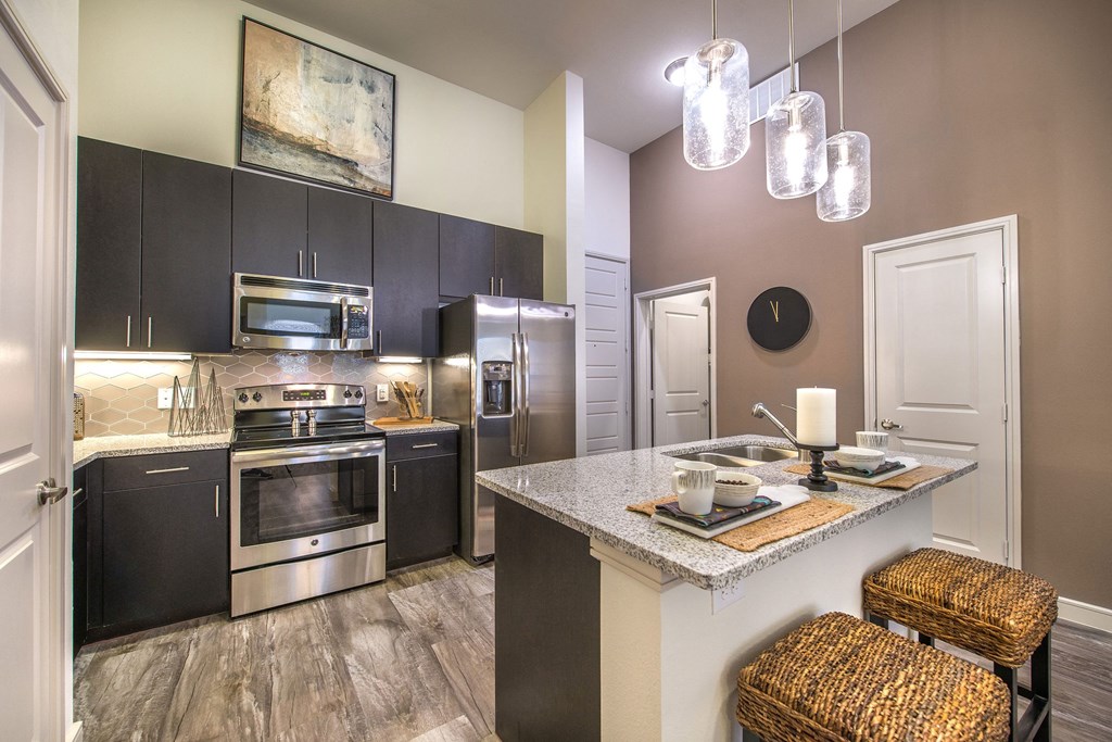 a kitchen with stainless steel appliances and a marble counter top at South Side Flats, Dallas, TX