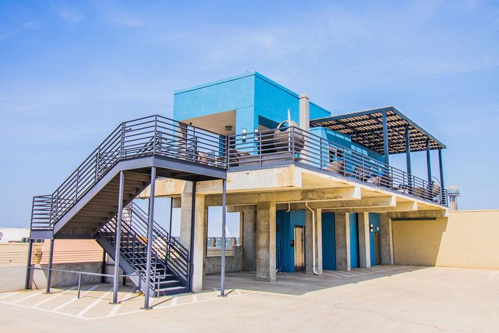 a building with stairs on top of it at South Side Flats, Dallas, Texas