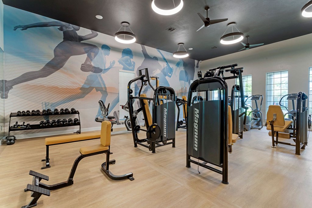 a gym with cardio equipment and a wall mural of exercise equipment at Summerwind, Pearland, TX
