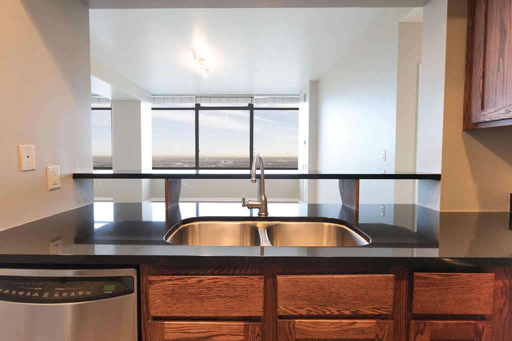 a kitchen with a sink and a window at Apartments at Denver Place, Denver, 80202