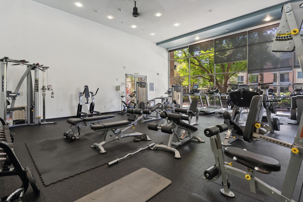 A gym with a variety of equipment including weights and machines at The Kitt at Warner Center Apartments, Woodland Hills, California